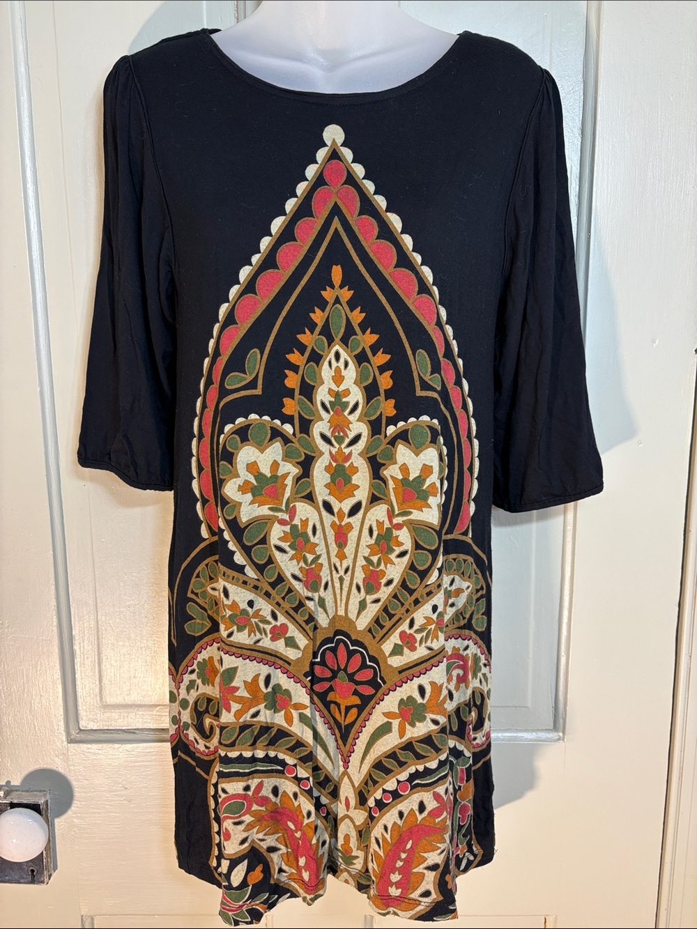 Black Mini Dress with Multicolor Medallion Print